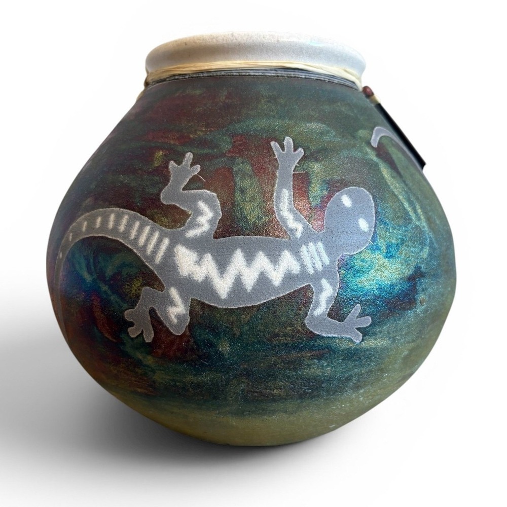 Jeremy Diller Southwest Dream Raku Pottery Lizard Vase Iridescent Hand Thrown 8"